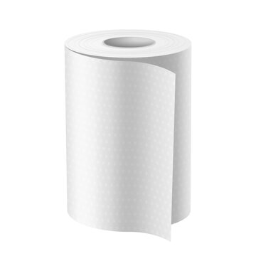 Vertical roll of paper towel. Vector close or mock up for kitchen and bathroom, restroom. Blank wipe scroll or napkin cylinder. Hygiene tissue for hands. Domestic product. Sanitary and hygienic theme.
