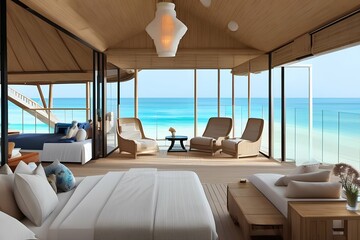 Fototapeta premium Beach houseisland themed library room - generative ai