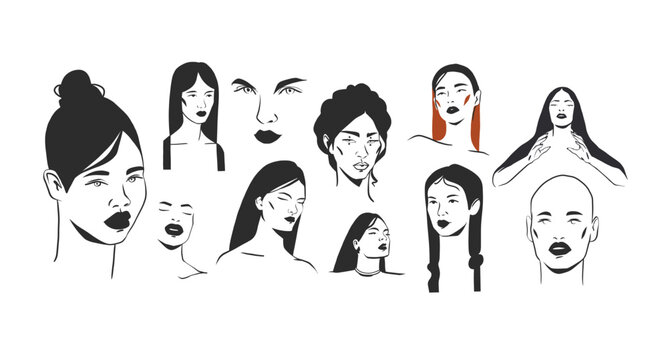 Hand drawn vector abstract outline,graphic,line art magic beautiful woman witch faces in minimalistic modern line art style.Witch female outline design concept.Line art beauty woman portraits set.