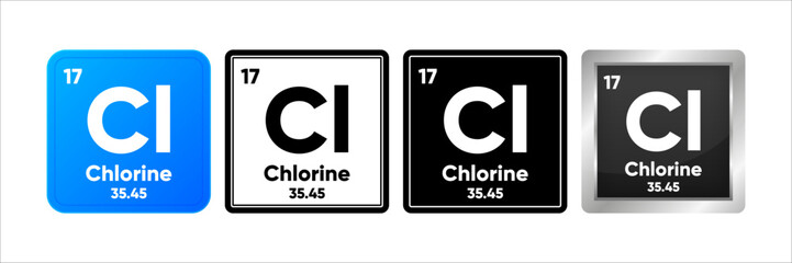 Chlorine chemical element with 17 atomic number, atomic mass and electronegativity values. Periodic table concept. Logo in four design. Simple black, realistic and color logo. Vector Generative AI
