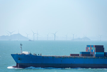 View on the front section of the cargo ship, she sailing near Chinese coast. 