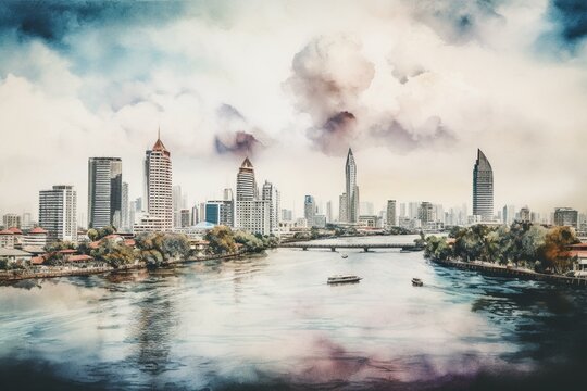 Watercolor Bangkok skyline with river and tall buildings. Generative AI