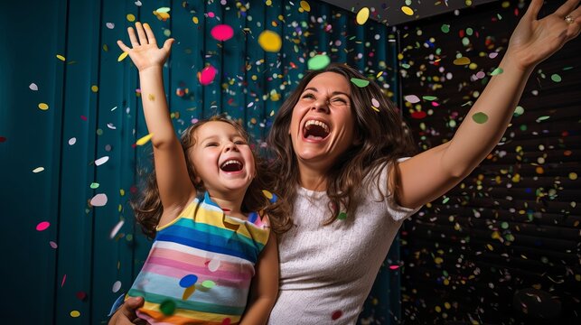 A heartwarming photographic image showcasing a loving young adult female and a child celebrating a special moment, their faces filled with joy and excitement, mother's day, Generative AI