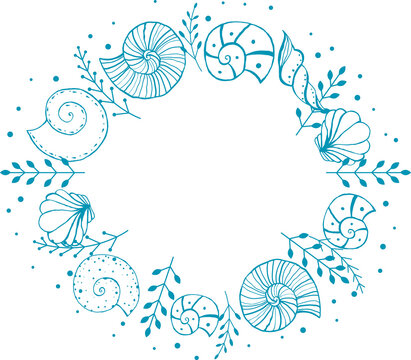 recommend clip art: Round frame with seashells and seaweed plants, sketch illustration