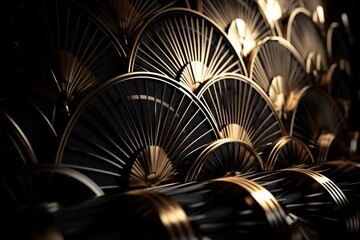 Golden art deco fan line pattern on black. Geometric sculpture with metallic luxury. Vintage and modern in one. 3D rendering. Generative AI