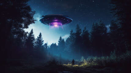 Naklejka na ściany i meble Man look at glowing UFO flying saucer hovering in mystical forest landscape at night. Alien spaceship arrive. World UFO Day Ai generated illustration