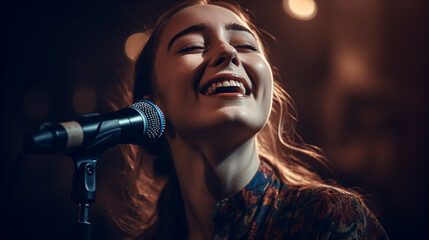 Young beautiful happy woman singing a song on stage, close-up portrait - ai generative