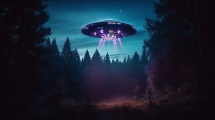 Glowing UFO flying saucer hovering in mystical forest landscape at night. Alien spaceship arrive. World UFO Day Ai generated illustration