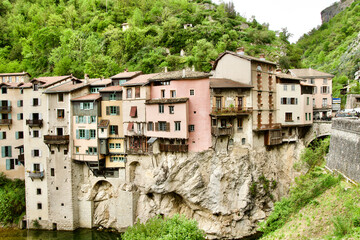 Panoramic view of the beautiful tourist village of "Pont en royans" overlooking the river Bourne at springtime. This is a commune in the Isère department in southeastern France.