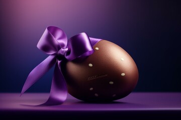 A cheerful Easter gift card featuring a chocolate egg with a shiny purple bow. Perfect for labels, promotions, and sales. Generative AI