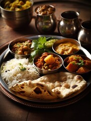 Indian hindu veg thali or food platter combo thali with gobi masala roti dal tarka jeera rice salad