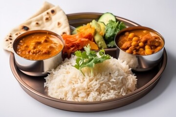 Indian home thali with paneer masala roti channa masala, rice salad