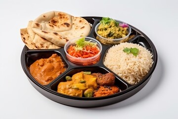 Indianparcel platter or combo thali with gobi masala roti dal, rice, salad