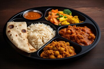 Indian mini meal parcel platter or combo thali with aloo masala roti dal tarka rice salad