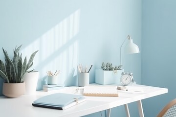 modern office interior with desk blue color