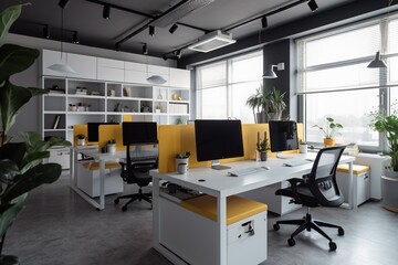 interior with desk white yellow and grey colors