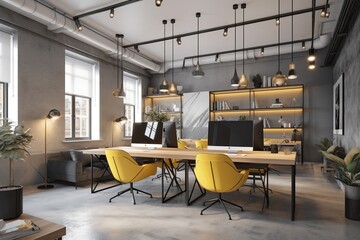 interior of a graphic design office white yellow and grey colors