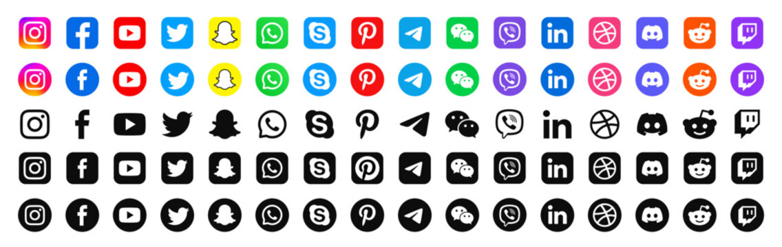 Instagram, Facebook, Twitter, Youtube, Snapchat, Skype, Pinterest, Whatsap, Vimeo, Periscope logo set. Social media icons set. Social media app icon. Vector