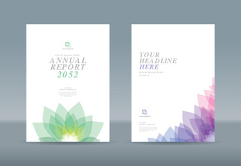Fototapeta premium Abstract transparent green blue magenta purple flower petals on white background for book cover template.