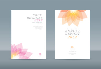 Abstract transparent pink orange flower petals on white background for book cover template.