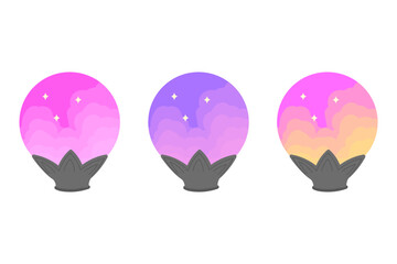 Set of 3 multicolored vector balls for divination isolated on a white background. Magic glass crystals with clouds and stars inside on a beautiful metal stand.