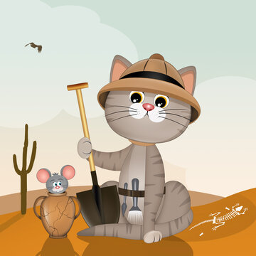 funny illustration of archaeologist cat