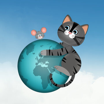 illustration of the kitten hanging on the world