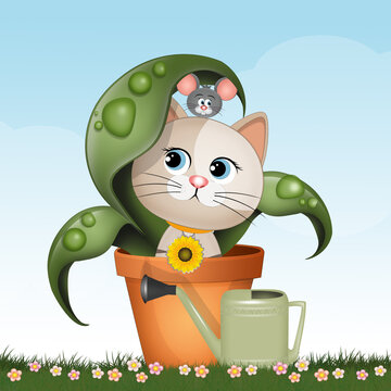 illustration of kitten in flowerpot