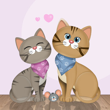 funny illustration of couple of cats