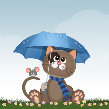 funny illustration of cat with umbrella