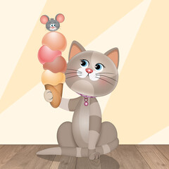 funny illustration of cat eats ice cream cone