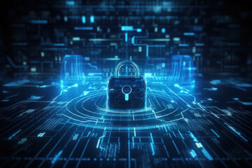 concept de cybersécurité informatique, cadenas dans un environnement matriciel lumière bleu