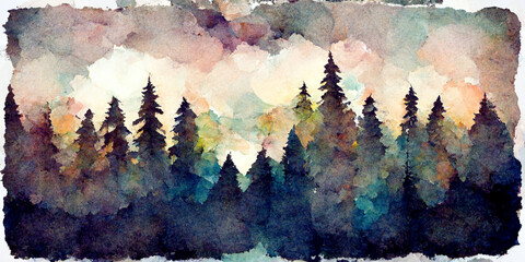 Watercolor painting of a spruce forest. generative ai. Forest silhouette background