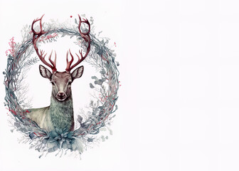 Christmas deer with antlers in a wreath, card, deer with antlers, season, winter. On white Background. Generative AI.