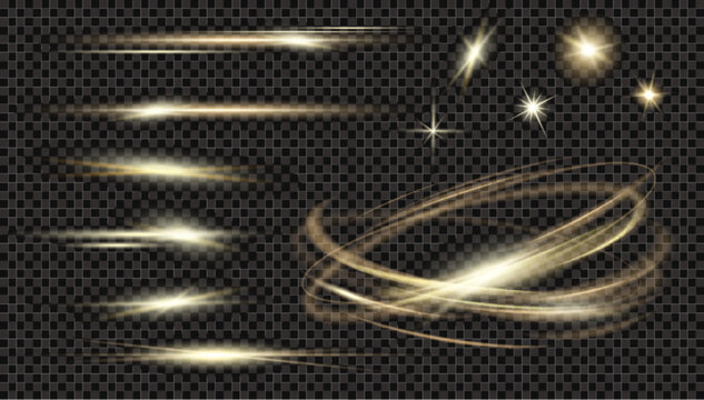 Vector circle light effect with sparkles and  horisontal les flares pack. Golden light flares and laser beams on dark background. Abstract sparkling lines and stars. 
