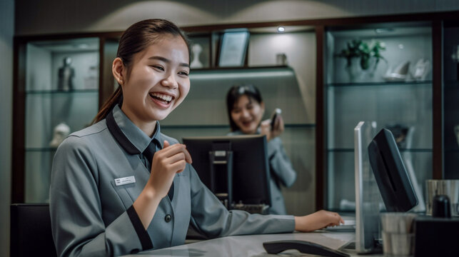 A smiling receptionist girl with an grey uniform sitting at the front desk - ai generative
