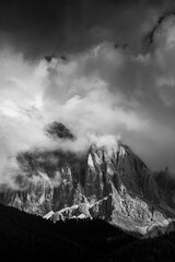 panoramic view of the dolomites in val di funes, the Odle with the village of Santa Maddalena below, Italy