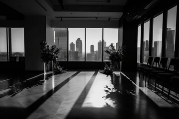 Modern minimalist micro wedding with a sleek cityscape as a backdrop, captured in high contrast black and white