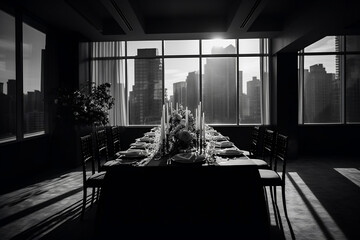 Modern minimalist micro wedding with a sleek cityscape as a backdrop, captured in high contrast black and white