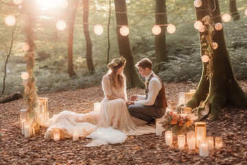 Whimsical woodland micro wedding with the bride and groom surrounded by towering trees and twinkling fairy lights