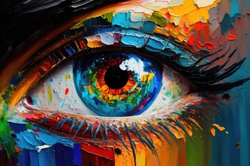 Eye of the artist close-up. Colorful abstract background