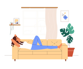 Happy housewife lying on couch and resting after house working. Young woman relaxing, leisure time on sofa in day time. Colored flat vector illustration isolated on white background