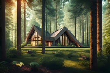 Dream House in the woods, forest view from inside the house - generative ai