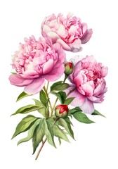 Watercolor bouquet of pink peonies isolated on white background. Generative AI.