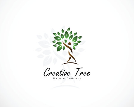 creative tree logo health care people nature yoga design modern green leave