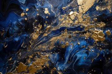 Dark blue paint and golden splatters. Digitally generated AI image