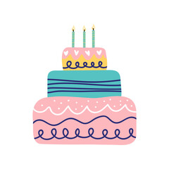 Birthday cake with candles. Hand drawn vector illustration for card, banner, t shirt EPS