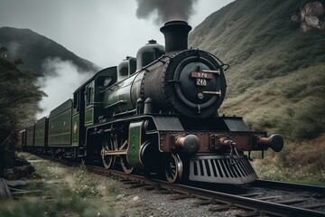 Fototapeta na wymiar An old steam train at a mountain station. Generative AI