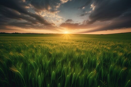 Gorgeous sunrise over green wheat fields with beautiful clouds in the sky - a stunning natural landscape in spring. Generative AI