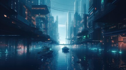 Obraz premium A bustling water cityscape with neon lights